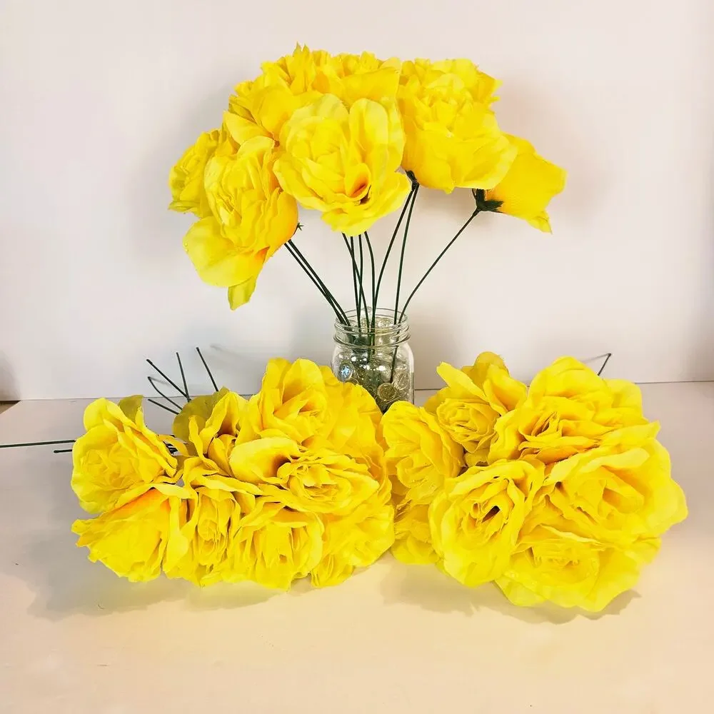 Yellow Artificial Silk Rose Flowers Wired Stems Wedding Craft 4